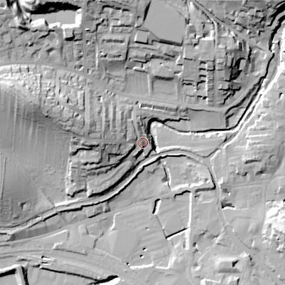 Shaded relief map of the ground around BD231PZ, computed from Environment Agency LiDAR. The ground here sits at about 110 m above sea level and falls 39 m across the surrounding 800 m. Surface water reaching this point runs off ground lying to the west, 23.8 m higher.