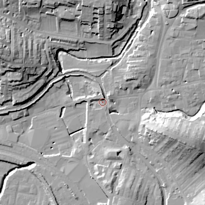 Shaded relief map of the ground around BD231QY, computed from Environment Agency LiDAR. The ground here sits at about 105 m above sea level and falls 35 m across the surrounding 800 m. Surface water reaching this point runs off ground lying to the north-east, 23.8 m higher.