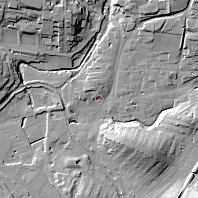Shaded relief map of the ground around BD231QZ, computed from Environment Agency LiDAR. The ground here sits at about 106 m above sea level and falls 35 m across the surrounding 800 m. Surface water reaching this point runs off ground lying to the north-east, 27.2 m higher.