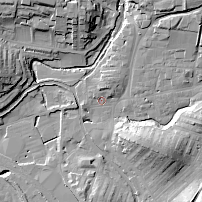 Shaded relief map of the ground around BD231RD, computed from Environment Agency LiDAR. The ground here sits at about 105 m above sea level and falls 34 m across the surrounding 800 m. Surface water reaching this point runs off ground lying to the north-north-east, 6.5 m higher.
