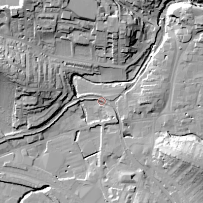 Shaded relief map of the ground around BD231RJ, computed from Environment Agency LiDAR. The ground here sits at about 105 m above sea level and falls 37 m across the surrounding 800 m. Surface water reaching this point runs off ground lying to the east-south-east, 23.1 m higher.