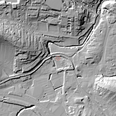 Shaded relief map of the ground around BD231RL, computed from Environment Agency LiDAR. The ground here sits at about 102 m above sea level and falls 39 m across the surrounding 800 m. Surface water reaching this point runs off ground lying to the east, 9.9 m higher.