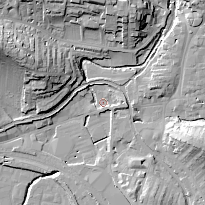 Shaded relief map of the ground around BD231RN, computed from Environment Agency LiDAR. The ground here sits at about 102 m above sea level and falls 39 m across the surrounding 800 m. Surface water reaching this point runs off ground lying to the east, 9.2 m higher.
