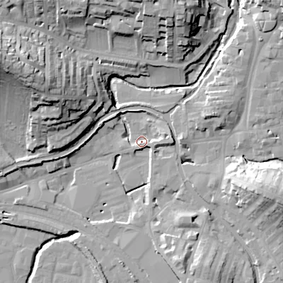 Shaded relief map of the ground around BD231RP, computed from Environment Agency LiDAR. The ground here sits at about 102 m above sea level and falls 39 m across the surrounding 800 m. Surface water reaching this point runs off ground lying to the south-south-east, 14.9 m higher.