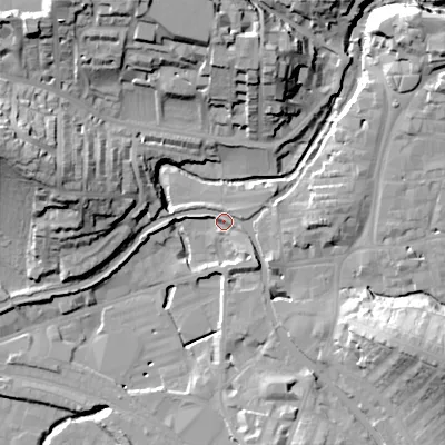 Shaded relief map of the ground around BD231RR, computed from Environment Agency LiDAR. The ground here sits at about 104 m above sea level and falls 37 m across the surrounding 800 m. Surface water reaching this point runs off ground lying to the east-south-east, 23.1 m higher.