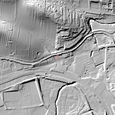 Shaded relief map of the ground around BD231RT, computed from Environment Agency LiDAR. The ground here sits at about 102 m above sea level and falls 40 m across the surrounding 800 m. Surface water reaching this point runs off ground lying to the north-north-west, 37.8 m higher.
