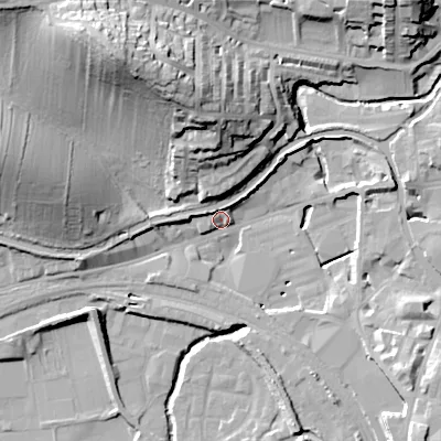 Shaded relief map of the ground around BD231RU, computed from Environment Agency LiDAR. The ground here sits at about 102 m above sea level and falls 40 m across the surrounding 800 m. Surface water reaching this point runs off ground lying to the north-north-west, 37.8 m higher.