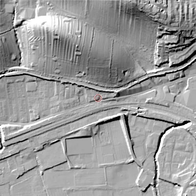Shaded relief map of the ground around BD231RX, computed from Environment Agency LiDAR. The ground here sits at about 102 m above sea level and falls 42 m across the surrounding 800 m. Surface water reaching this point runs off ground lying to the east, 2.1 m higher.