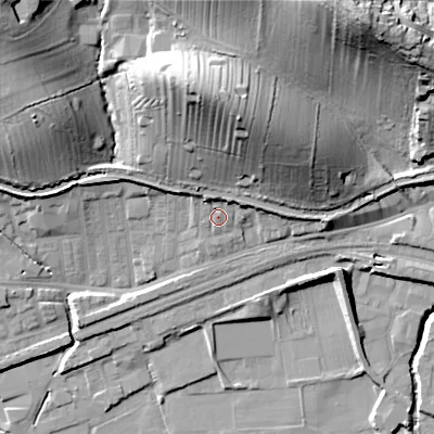 Shaded relief map of the ground around BD231SE, computed from Environment Agency LiDAR. The ground here sits at about 102 m above sea level and falls 42 m across the surrounding 800 m. Surface water reaching this point runs off ground lying to the north-north-west, 3.5 m higher.