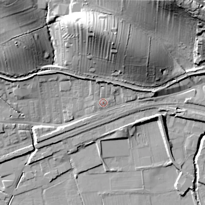 Shaded relief map of the ground around BD231SG, computed from Environment Agency LiDAR. The ground here sits at about 102 m above sea level and falls 42 m across the surrounding 800 m. Surface water reaching this point runs off ground lying to the north-north-east, 3.8 m higher.