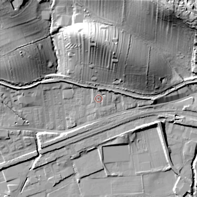 Shaded relief map of the ground around BD231SJ, computed from Environment Agency LiDAR. The ground here sits at about 102 m above sea level and falls 42 m across the surrounding 800 m. Surface water reaching this point runs off ground lying to the north, 26.0 m higher.