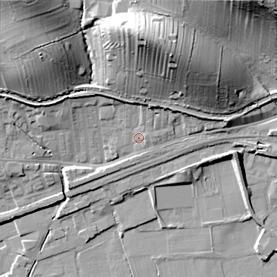 Shaded relief map of the ground around BD231SL, computed from Environment Agency LiDAR. The ground here sits at about 100 m above sea level and falls 40 m across the surrounding 800 m. Surface water reaching this point runs off ground lying to the north, 27.8 m higher.