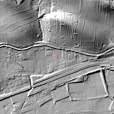 Shaded relief map of the ground around BD231SN, computed from Environment Agency LiDAR. The ground here sits at about 101 m above sea level and falls 43 m across the surrounding 800 m. Surface water reaching this point runs off ground lying to the north-north-east, 4.9 m higher.