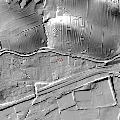 Shaded relief map of the ground around BD231SP, computed from Environment Agency LiDAR. The ground here sits at about 101 m above sea level and falls 43 m across the surrounding 800 m. Surface water reaching this point runs off ground lying to the north-north-west, 5.1 m higher.