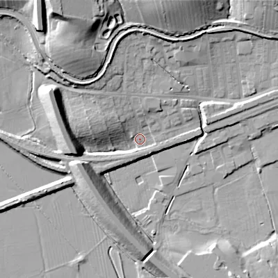 Shaded relief map of the ground around BD231SQ, computed from Environment Agency LiDAR. The ground here sits at about 97 m above sea level and falls 24 m across the surrounding 800 m. Surface water reaching this point runs off ground lying to the north-north-west, 12.3 m higher.