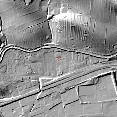 Shaded relief map of the ground around BD231SR, computed from Environment Agency LiDAR. The ground here sits at about 100 m above sea level and falls 43 m across the surrounding 800 m. Surface water reaching this point runs off ground lying to the north-north-east, 5.5 m higher.