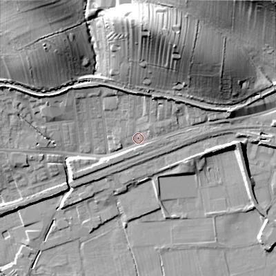 Shaded relief map of the ground around BD231SS, computed from Environment Agency LiDAR. The ground here sits at about 100 m above sea level and falls 38 m across the surrounding 800 m. Surface water reaching this point runs off ground lying to the north, 28.2 m higher.