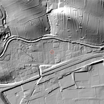 Shaded relief map of the ground around BD231ST, computed from Environment Agency LiDAR. The ground here sits at about 100 m above sea level and falls 38 m across the surrounding 800 m. Surface water reaching this point runs off ground lying to the north, 6.4 m higher.