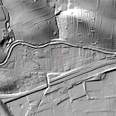 Shaded relief map of the ground around BD231SU, computed from Environment Agency LiDAR. The ground here sits at about 100 m above sea level and falls 35 m across the surrounding 800 m. Surface water reaching this point runs off ground lying to the north-north-west, 6.1 m higher.