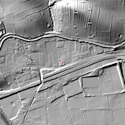 Shaded relief map of the ground around BD231SW, computed from Environment Agency LiDAR. The ground here sits at about 100 m above sea level and falls 35 m across the surrounding 800 m. Surface water reaching this point runs off ground lying to the north-north-east, 29.2 m higher.