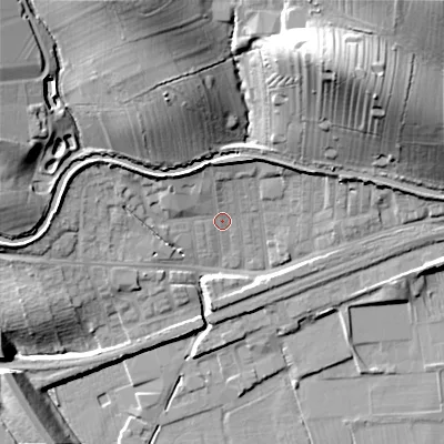 Shaded relief map of the ground around BD231SX, computed from Environment Agency LiDAR. The ground here sits at about 99 m above sea level and falls 35 m across the surrounding 800 m. Surface water reaching this point runs off ground lying to the north, 6.8 m higher.
