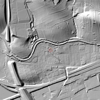 Shaded relief map of the ground around BD231SY, computed from Environment Agency LiDAR. The ground here sits at about 101 m above sea level and falls 36 m across the surrounding 800 m. Surface water reaching this point runs off ground lying to the north, 5.1 m higher.