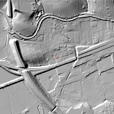 Shaded relief map of the ground around BD231SZ, computed from Environment Agency LiDAR. The ground here sits at about 98 m above sea level and falls 29 m across the surrounding 800 m. Surface water reaching this point runs off ground lying to the north-north-west, 3.7 m higher.