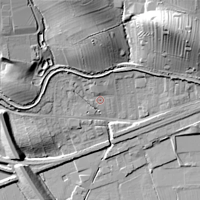 Shaded relief map of the ground around BD231TA, computed from Environment Agency LiDAR. The ground here sits at about 99 m above sea level and falls 35 m across the surrounding 800 m. Surface water reaching this point runs off ground lying to the north-north-west, 6.7 m higher.