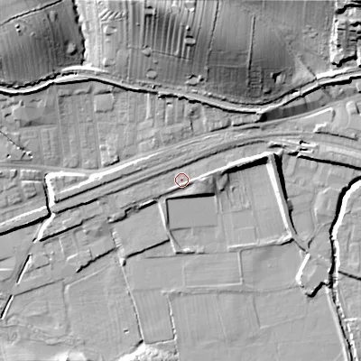 Shaded relief map of the ground around BD231TB, computed from Environment Agency LiDAR. The ground here sits at about 99 m above sea level and falls 35 m across the surrounding 800 m. Surface water reaching this point runs off ground lying to the north-east, 7.3 m higher.