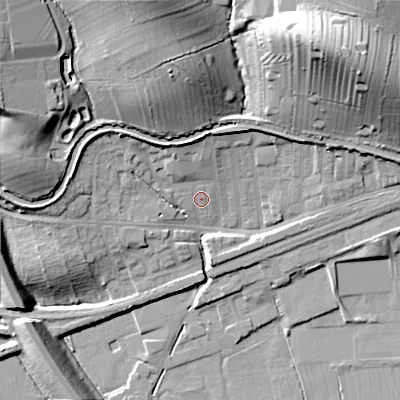 Shaded relief map of the ground around BD231TD, computed from Environment Agency LiDAR. The ground here sits at about 99 m above sea level and falls 35 m across the surrounding 800 m. Surface water reaching this point runs off ground lying to the north, 7.5 m higher.