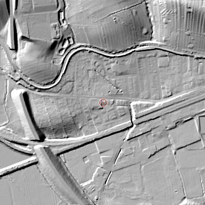Shaded relief map of the ground around BD231TE, computed from Environment Agency LiDAR. The ground here sits at about 100 m above sea level and falls 35 m across the surrounding 800 m. Surface water reaching this point runs off ground lying to the west-north-west, 1.8 m higher.