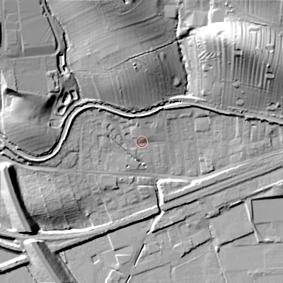 Shaded relief map of the ground around BD231TF, computed from Environment Agency LiDAR. The ground here sits at about 100 m above sea level and falls 35 m across the surrounding 800 m. Surface water reaching this point runs off ground lying to the north-north-west, 6.4 m higher.