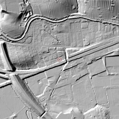 Shaded relief map of the ground around BD231TG, computed from Environment Agency LiDAR. The ground here sits at about 98 m above sea level and falls 34 m across the surrounding 800 m. Surface water reaching this point runs off ground lying to the north-north-west, 2.0 m higher.