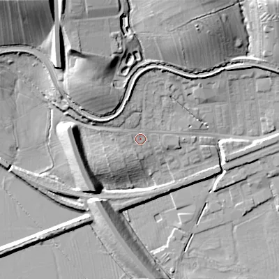 Shaded relief map of the ground around BD231TJ, computed from Environment Agency LiDAR. The ground here sits at about 101 m above sea level and falls 34 m across the surrounding 800 m. Surface water reaching this point runs off ground lying to the west-north-west, 1.7 m higher.
