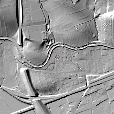 Shaded relief map of the ground around BD231TL, computed from Environment Agency LiDAR. The ground here sits at about 101 m above sea level and falls 41 m across the surrounding 800 m. Surface water reaching this point runs off ground lying to the west, 4.5 m higher.