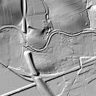 Shaded relief map of the ground around BD231TN, computed from Environment Agency LiDAR. The ground here sits at about 104 m above sea level and falls 41 m across the surrounding 800 m. Surface water reaching this point runs off ground lying to the north-north-west, 21.4 m higher.