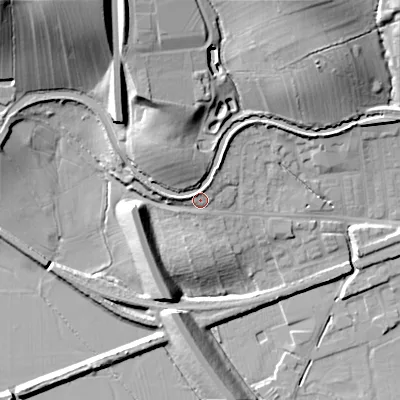 Shaded relief map of the ground around BD231TP, computed from Environment Agency LiDAR. The ground here sits at about 104 m above sea level and falls 41 m across the surrounding 800 m. Surface water reaching this point runs off ground lying to the north-north-west, 19.1 m higher.