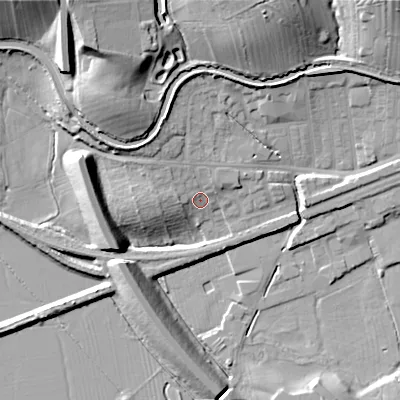 Shaded relief map of the ground around BD231TR, computed from Environment Agency LiDAR. The ground here sits at about 99 m above sea level and falls 27 m across the surrounding 800 m. Surface water reaching this point runs off ground lying to the north-west, 7.4 m higher.