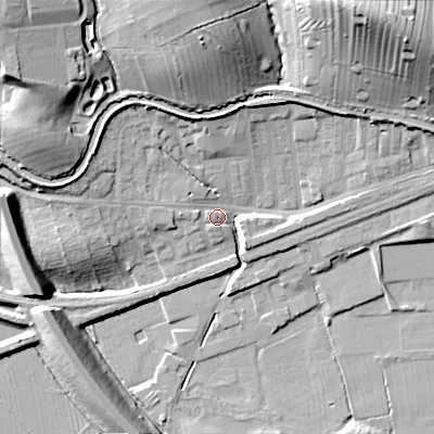 Shaded relief map of the ground around BD231TS, computed from Environment Agency LiDAR. The ground here sits at about 98 m above sea level and falls 35 m across the surrounding 800 m. Surface water reaching this point runs off ground lying to the west, 4.2 m higher.