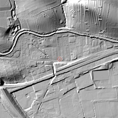 Shaded relief map of the ground around BD231TT, computed from Environment Agency LiDAR. The ground here sits at about 97 m above sea level and falls 35 m across the surrounding 800 m. Surface water reaching this point runs off ground lying to the north-north-east, 30.5 m higher.