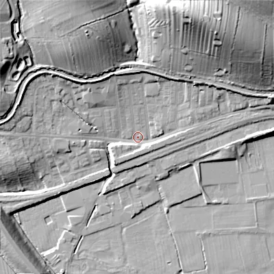 Shaded relief map of the ground around BD231TU, computed from Environment Agency LiDAR. The ground here sits at about 98 m above sea level and falls 35 m across the surrounding 800 m. Surface water reaching this point runs off ground lying to the north-north-east, 30.4 m higher.