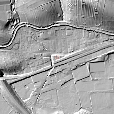 Shaded relief map of the ground around BD231TW, computed from Environment Agency LiDAR. The ground here sits at about 99 m above sea level and falls 35 m across the surrounding 800 m. Surface water reaching this point runs off ground lying to the north-north-east, 30.5 m higher.