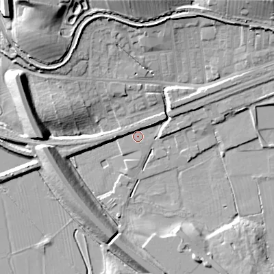Shaded relief map of the ground around BD231TX, computed from Environment Agency LiDAR. The ground here sits at about 95 m above sea level and falls 24 m across the surrounding 800 m. Surface water reaching this point runs off ground lying to the north-east, 3.3 m higher.