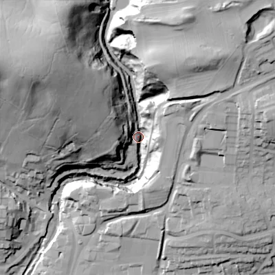 Shaded relief map of the ground around BD231UL, computed from Environment Agency LiDAR. The ground here sits at about 115 m above sea level and falls 68 m across the surrounding 800 m. Surface water reaching this point runs off ground lying to the west-north-west, 60.3 m higher.