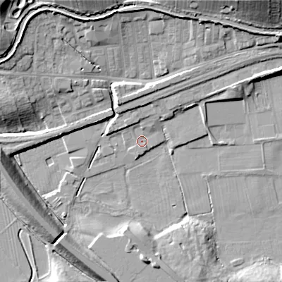Shaded relief map of the ground around BD231UP, computed from Environment Agency LiDAR. The ground here sits at about 96 m above sea level and falls 24 m across the surrounding 800 m. Surface water reaching this point runs off ground lying to the north-east, 4.7 m higher.