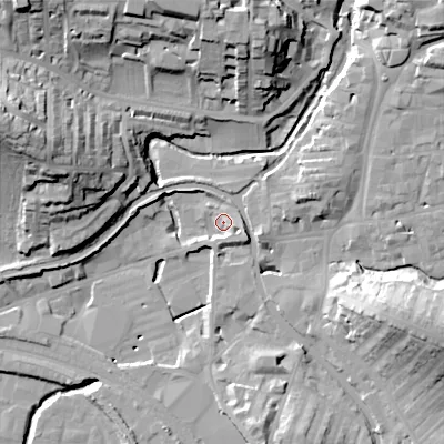 Shaded relief map of the ground around BD231XB, computed from Environment Agency LiDAR. The ground here sits at about 104 m above sea level and falls 36 m across the surrounding 800 m. Surface water reaching this point runs off ground lying to the east-south-east, 5.7 m higher.