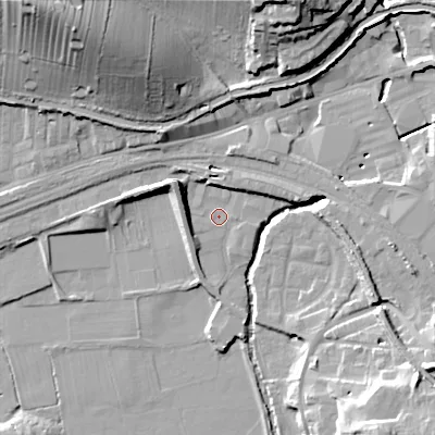 Shaded relief map of the ground around BD232AA, computed from Environment Agency LiDAR. The ground here sits at about 99 m above sea level and falls 34 m across the surrounding 800 m. Surface water reaching this point runs off ground lying to the north-west, 7.1 m higher.