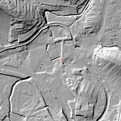 Shaded relief map of the ground around BD232AB, computed from Environment Agency LiDAR. The ground here sits at about 103 m above sea level and falls 37 m across the surrounding 800 m. Surface water reaching this point runs off ground lying to the south-east, 14.2 m higher.