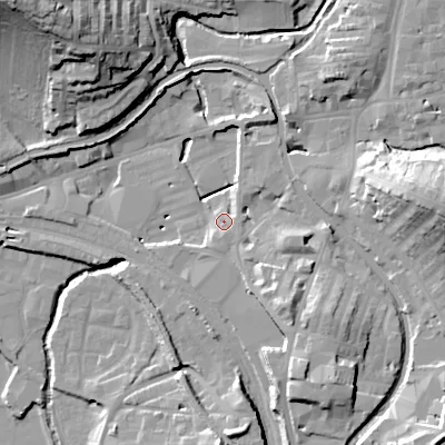 Shaded relief map of the ground around BD232AD, computed from Environment Agency LiDAR. The ground here sits at about 103 m above sea level and falls 37 m across the surrounding 800 m. Surface water reaching this point runs off ground lying to the south-east, 11.3 m higher.