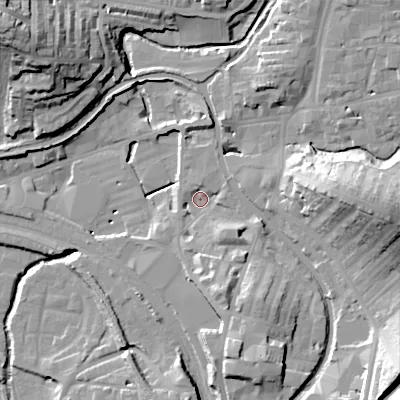 Shaded relief map of the ground around BD232AE, computed from Environment Agency LiDAR. The ground here sits at about 103 m above sea level and falls 35 m across the surrounding 800 m. Surface water reaching this point runs off ground lying to the south-south-east, 10.8 m higher.